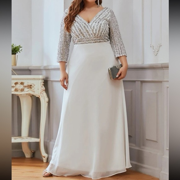 Plus size luxe V neck sequins party formal gown dress - Picture 2 of 8